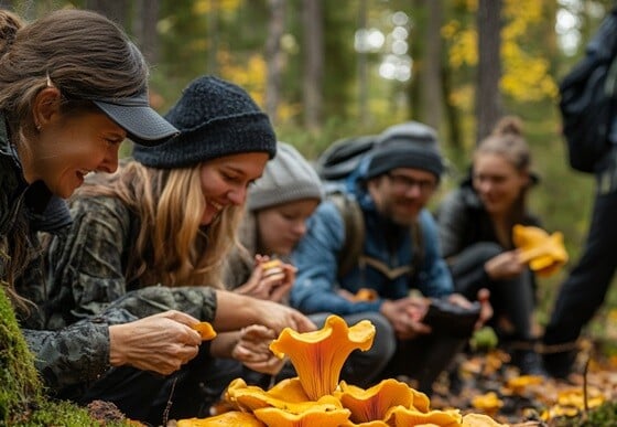 Group of tourists picking chantarelles.